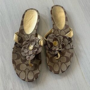 Coach Tan and Gold Patterned Sandals